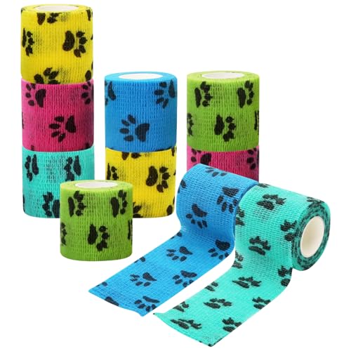 USUNFARM 10 Pack Self Adhesive Bandage Wrap，2" X 5 Yards Elastic Cohesive Bandage Wrap Non-Woven Tape Breathable First Aid Tape,Vet Wrap for Horses Dogs Pets,Cat, Bird, Animal（5 Colors ） (Claw Print)