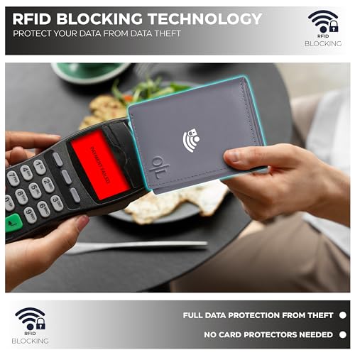 Image of Real Leather Mens Trifold Wallet RFID Blocking Slim Minimalist Front Pocket - Thin & Stylish with ID Window in Gift Box, Nappa Grey, Trifold