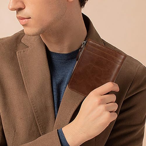 Minimalist Real Leather Wallet for Men with Zipper Card Holder and ID Window RFID Blocking Bifold Wallet (Brown)2