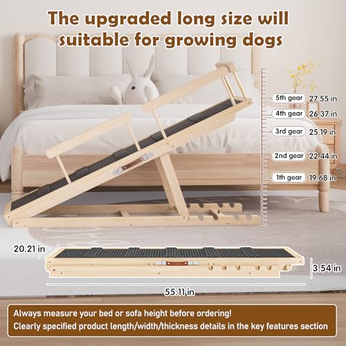 Dog Ramp for Couch, Bed or Car, Wooden 55" Long Pet Stairs for Small & Large Old Dogs & Cats, Hold up to 250lb, 6 Adjustable Height from 19.68" to 27.55" Portable Doggie Steps, Excellent Traction - Image 4
