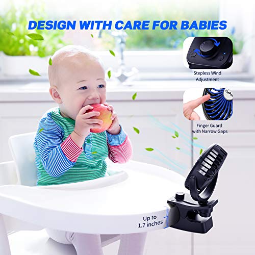 Battery Operated Clip on Stroller Fan – Portable Rechargeable Fan with Cooling & Refreshing Natural Wind, 5200mAh Battery, 140° Auto Oscillation for Baby Stroller, Beds, Desk, Camping, and Travelling