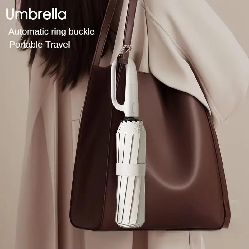 GaxQuly Folding Umbrella for Men Women || Ring-Buckle Umbrella With Carabiner Handle || 10 Reinforced Ribles || Windproof and Sunproof || Auto Umbrella Big Size for Men/Women/Kids (White) 3