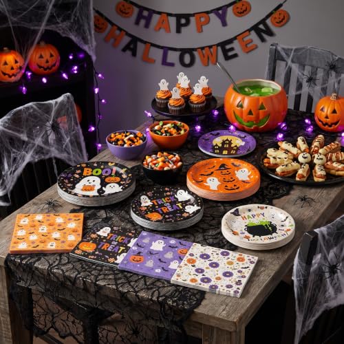 Image of LINHAXM 60 PCS Halloween Plates and Napkins Set, Halloween Party Supplies with Ghost Pumpkin Bat Plates and Napkins for Halloween Birthday Party Decorations