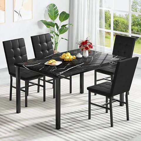 AWQM Products 5-Piece Marble Dining Set, Modern Kitchen Table and Chairs for Dining Room, Dinette, Compact Space Saving Furniture, 4 Upholstered PU Chairs - Black Cover