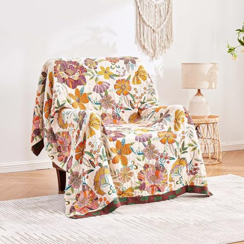 Image of XIBLC Boho Throw Blanket, 100% Cotton Ultra Soft Luxury Throw Rustic Quilt, 60 inchx80 inch Floral Printed Farmhouse Decor Bed Summer Blankets, All Season Rustic Reversible Bohemian Throw for Bed - White