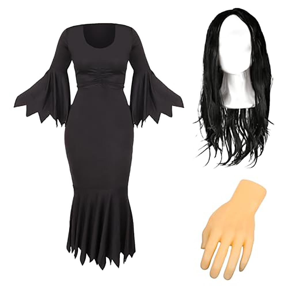 LOVETRENDSLadies Halloween Costume - Long Black Dress with Ragged Edges, Long Black Wig and Fake Hand Prop - Womens Halloween Fancy Dress Costume