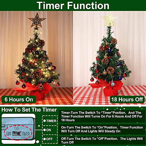 [ 2 Pack & Timer ] 24 Inch / 2 Ft Preilt Christmas Tree Tabletop Decor 50 Lights Star Artificial Xmas Tree Pinecone Balls Red Berries Battery Operated Christmas Decorations Indoor Home (Warm White) #TOP2