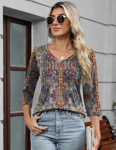 Romanstii Shirts for Women 2025 Summer 3/4 Length Sleeve Womens Tops Dressy Casual Pleated Blouses V Neck Tee Shirts S-3XL2