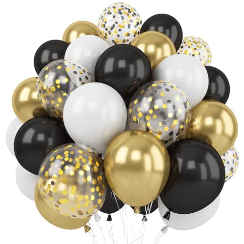 Black Gold Balloons, 60 Packs 12 Inch Black White and Gold Latex Balloons Metallic Gold Black Confetti Balloon Party Decoration for Birthday Graduation Wedding Anniversary Baby Shower Father's Day