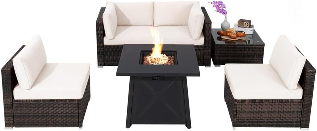 6PCS Patio Rattan Furniture Set 30" Fire Pit Table W/Cover Cushioned Beige