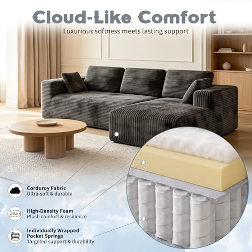 Image of 106 inch Corduroy Sectional Couch, Boneless L Shaped Couch with Deep Seat, Cloud Foam Sofa with Oversized Chaise, Sectional Sofa No Assembly Needed for Living Room
