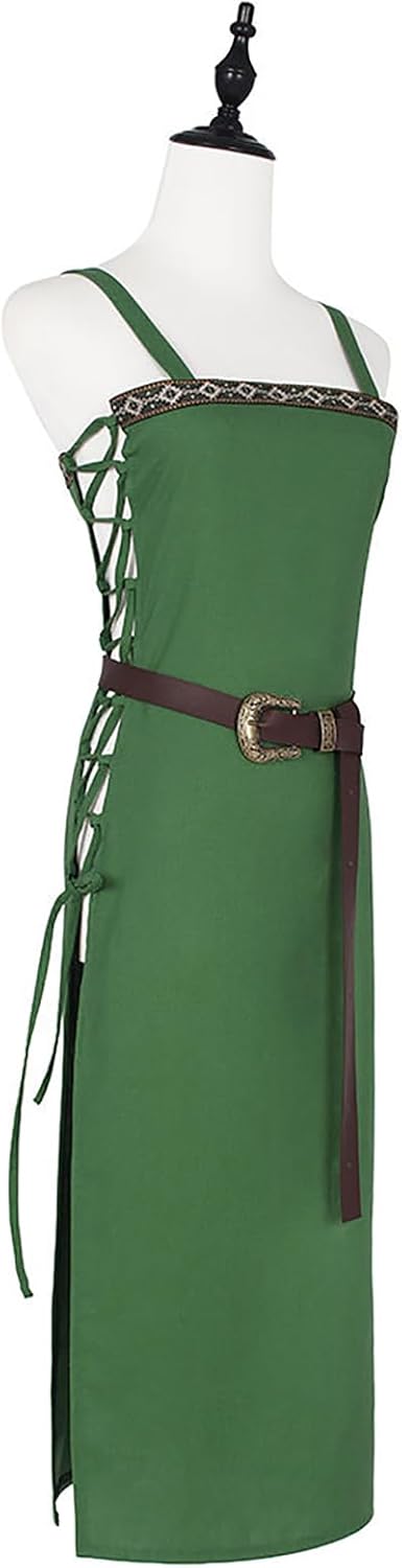 Women's Viking Dress Medieval Apron Vintage Renaissance Outfit with Belt Halloween Costume