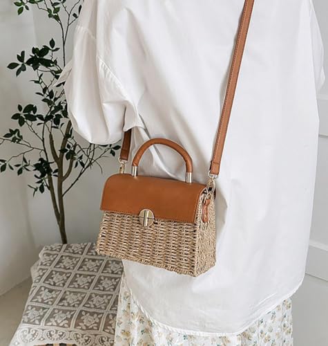 Image of Women Handwoven Straw Purse Rattan Handbag Beach Woven Straw Tote Square Bag Boho Basket Crossbody Bag