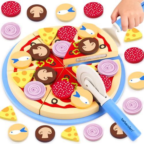Beberolen Wooden Play Food Cutting Pizza Set Pretend Cooking Picnic Kitchen Toy Accessories Role Play Imaginative Educational Toy Birthday Gift for Toddler Boys Girls 3 4 5 Years Old