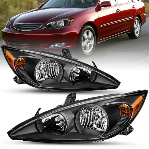 SOCKIR Headlight Assembly Pair Compatible with 2002 2003 2004 Toyota Camry Passenger and Driver Side Black Housing with Amber Reflector