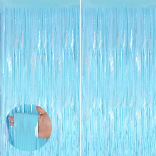 Image of Macaron Blue Fringe Curtain Party Streamers 2Pack 3.3 x 8.3 Ft Foil Fringe Backdrop Curtains for Birthday Wedding Bridal Baby Shower Holiday Tinsel Streamers Blue Party Decorations Door Streamer