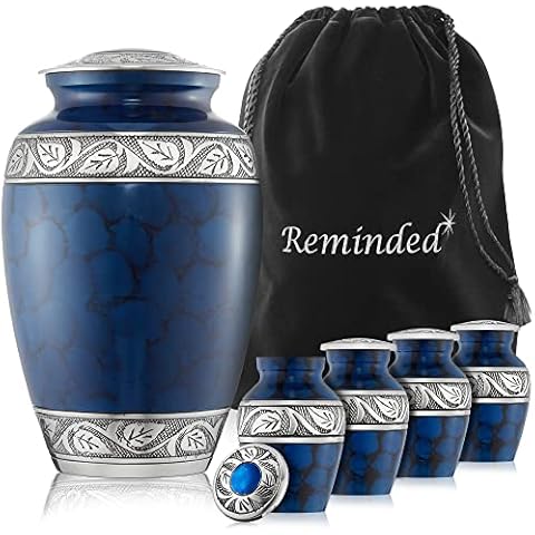 Reminded Set of 5 Etched Cremation Urns for Human Ashes - 1 Adult + 4 Keepsake Token Size, Blue Cover