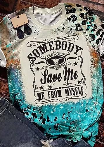 Somebody Save Me Steer Skull Bleached T-Shirt Women Vintage Country Music Graphic Tees Leopard Print Casual T Shirt2