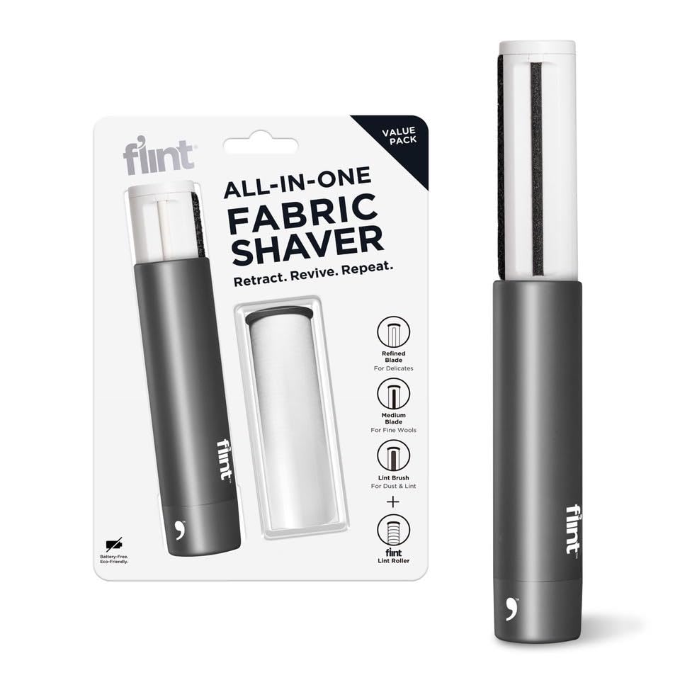Flint All-in-One Fabric Shaver Compact Retractable & Travel-Friendly Fuzz Remover with 2 Fabric-Safe Care Surfaces Lint Brush & Lint Roller Ultimate Depiller for Clothes Eco-Friendly