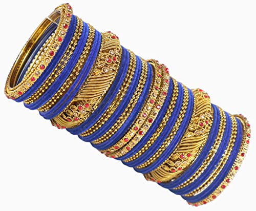 Image of NMII Metal with Zircon Gemstone and Beads Studded Ball Chain Linked Glossy Finished Velvet Bangles Chuda set for Women and Girls