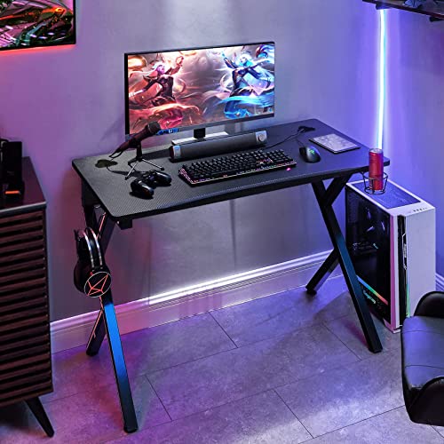Mr Ironstone Gaming Desk 45.2'' With Power Outlets, Computer Desk Gaming Table Carbon Fiber Surface Pc Gamer Workstation Laptop Study Table, Home Office Desks With Cup Holder, Headphone Hook, Black #TOP1
