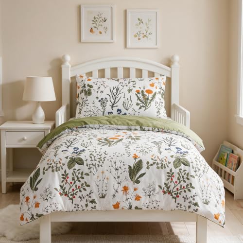 Image of CLOTHKNOW 4Pieces Green White Floral Toddler Bedding Sets for Girls's Room | Boho Comforter Sets, Green Yellow Leaves Pattern on White, Soft Crib Bed Set