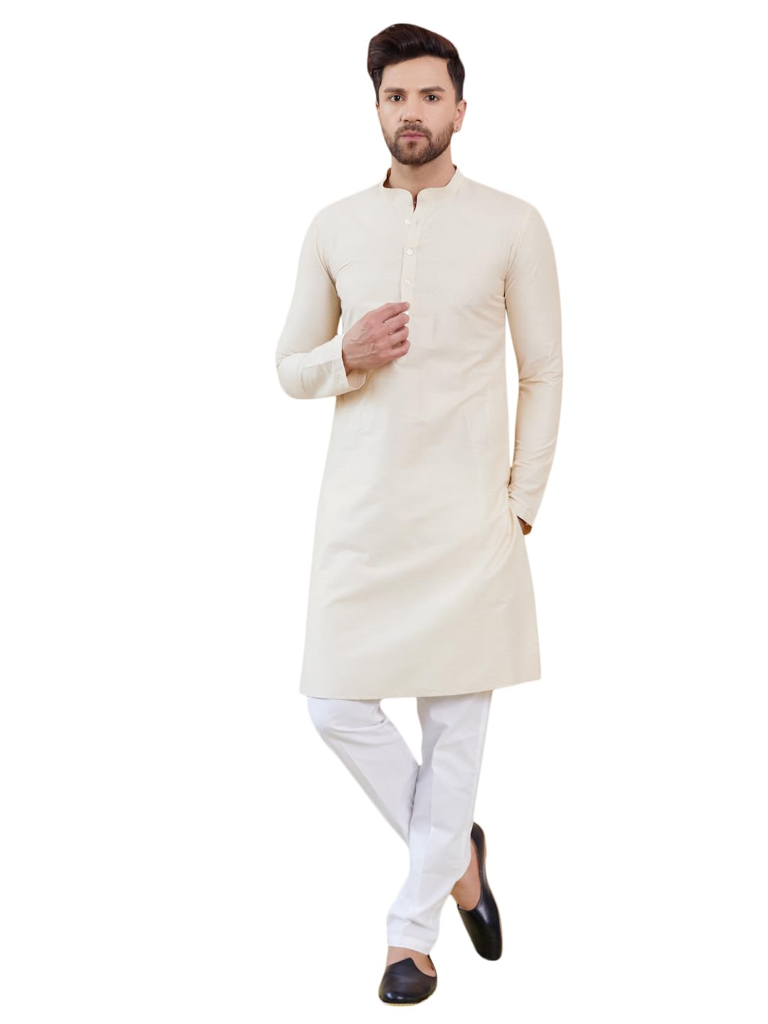 See Designs Men Full Sleeve Side Slit Cream Cotton Solid Straight Mandarin Collar Kurta - Sdkt2413M
