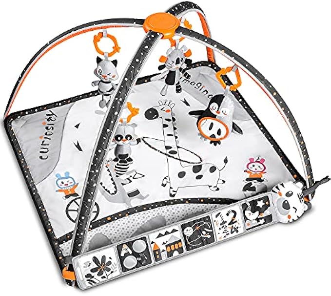 TUMAMA Baby Gym with Soft Removable Toys, Black and White High Contrast Baby Activity Mat Baby Play Mats for Tummy Time Infants Newborn Babies Shower Birthday Gifts,Washable