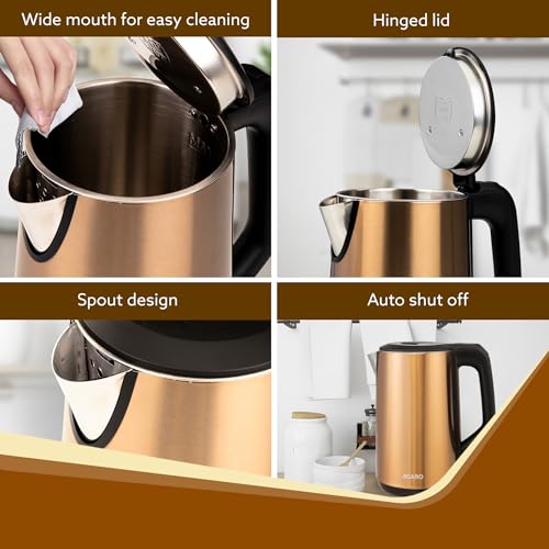 Image of AGARO Insignia Electric Kettle, 1.8L, Double Layered Kettle, 100% Stainless Steel Inner & outer Body, Auto Shut Off, Boil Dry Protection, Portable, Champagne Gold