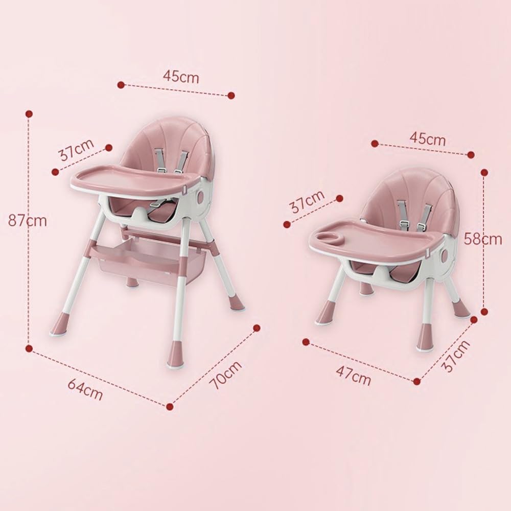 Supfine Seggiolone 3 in 1, regolabile con cintura di sicurezza a 5 punti, tavola da pranzo rimovibile, altezza regolabile 87 cm, pieghevole, per neonati e bambini (rosa, 5 in 1)