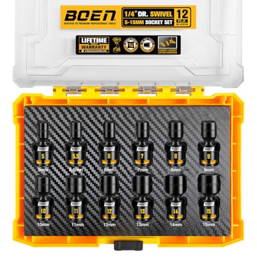 BOEN 12-Piece 1/4 Drive Impact Swivel Socket Set Metric 5mm-15mm with Yellow Paint-Filled Markings CR-MO Steel 6-Point for Tight Spaces & Obstacles