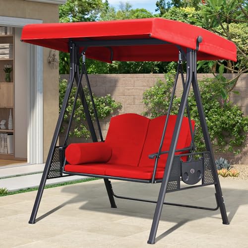Image of PURPLE LEAF Outdoor Patio Porch Swing with Stand, 2-seat Swing Chair with Adjustable Tilt Canopy All-Weather Steel Frame for Backyard Front Porch Lawn, Cushions and Pillow Included, Terra