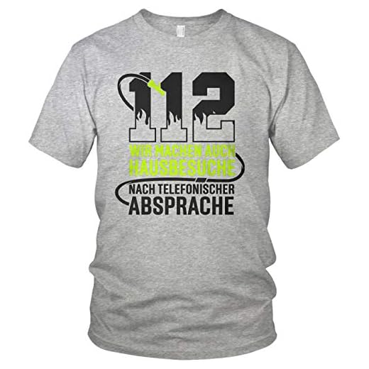 Feuerwehr - 112 wir Machen Hausbesuche nach telefonischer Absprache - Ehrenamt Freiwillige Feuerwehr Spruch Motiv - Herren T-Shirt und Männer Tshirt, Größe:3XL, Farbe:Grau Meliert