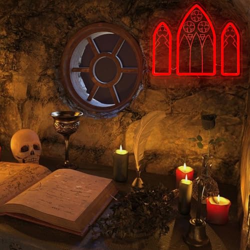 Image of Gothic Window Neon Sign Horror Red Neon Signs for Wall Decor, Dimmable Gothic Medieval Cathedral Neon Art, Red LED Light Sign for Haunted House Man Cave Halloween Party Gifts