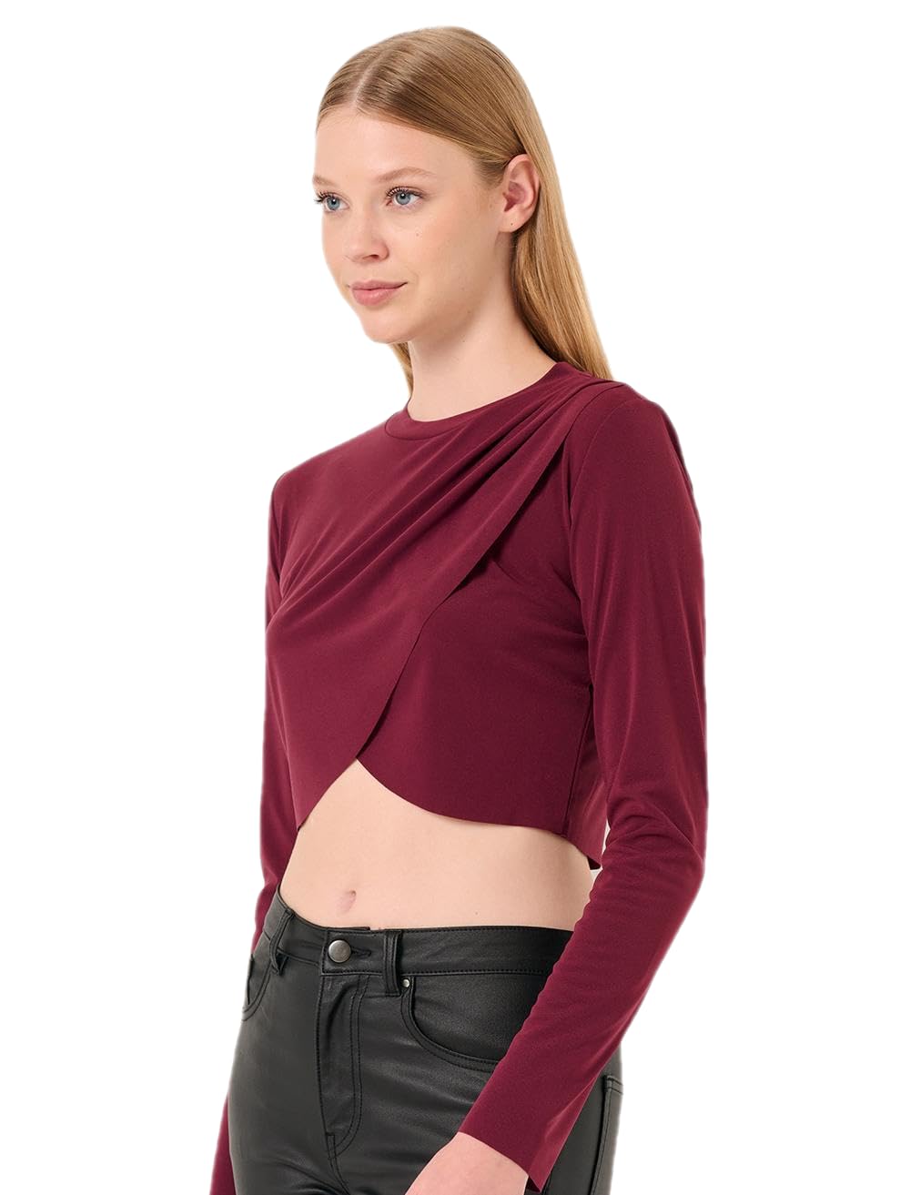 Bordo Bisiklet Yaka Uzun Kollu Crop Bluz
