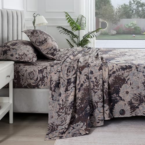 Image of Brown Floral Muslin Sheets Queen, Shabby Rose Daisy Chic Soft Deep Pocket Sheet Set, Dark Flower Luxury Vintage Bed Sheets, Cottage Core Designer Bedding, 100% Washed Cotton, 4Pcs