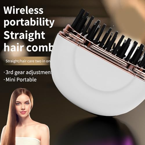 Image of Brrnoo Mini Cordless Hair Straightener Brush, Rechargeable Hot Brush Curling & Straightening for All Hair Types with Fast Heating 3 Temperature Settings 1500mAh Battery (White)