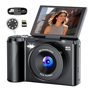Digitalkamera 4K Kamera Fotokamera 56MP: 3 Zoll 180° Flip-Bildschirm Digital Kamera with Moduswahlrad für Vlog - Vintage Fotokamera Kinder - Geschenke für Teenager Junge Mädchen 8-16 Jahre Schwarz