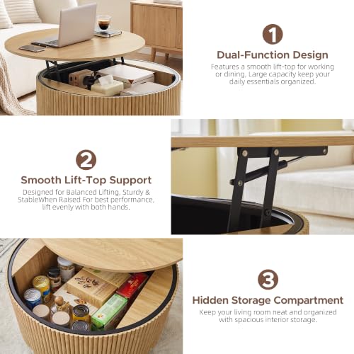 Image of Round Lift Top Coffee Table with Storage,Fluted Circle Coffee Table,Natural