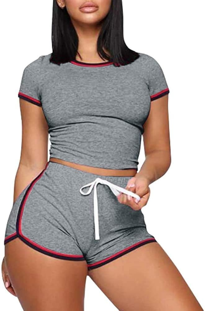 Womens 2 Piece Sports Short Set Lightweight Jogger Outfits Sexy Crop Top Athletic Shorts Tracksuit Activewear