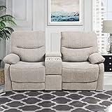 B BAIJIAWEI Modern Double Loveseat Recliner Fabric Reclining Loveseat Couch Sofa with Drawer and Cup Holder Manual Home Theater Seating for Living Room, Office (D: Fabric - Beige)