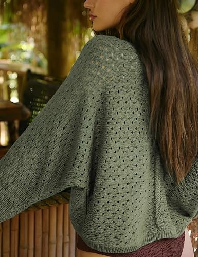 Image of Women Oversized Knit Sweatshirt Hollow Long Sleeve Button Drawstring V Neck Pullover Sweaters (Green-S)