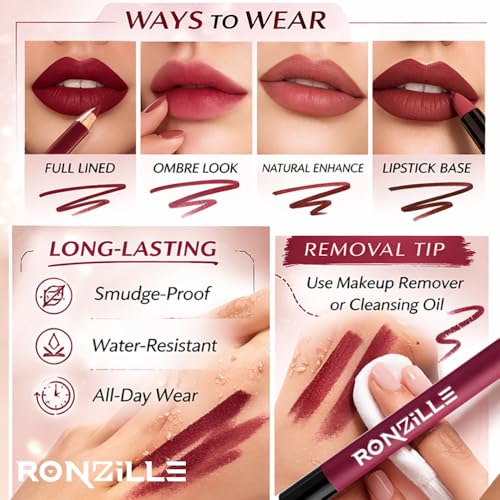 Image of Ronzille Super Stay Matte Lip Liner | Long Lasting Lip Pencil | Smooth Glide Crayon | Waterproof Matte Finish | Lip Definer for Women Set of 5