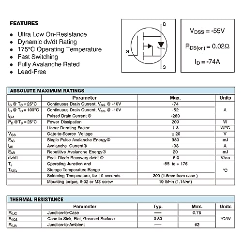 Image of IRF4905 IRF4905P MOSFET Transistors 55V 74A IRF4905PBF P-Channel Power Mosfets Transistor 55 Volt 74 Amp TO-220 (Pack of 10Pcs)