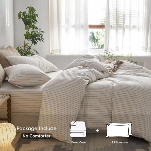 Image of MooMee Striped Duvet Cover Set 100% Washed Cotton Linen Like Textured Breathable Durable Soft Comfy (White Tannish Linen Grey Wide Stripes, Palatial King /Oversized King 120 inchx98 inch) | Relaxed Linen-like Texture. Soft, Breathable & Long-lasting Comfort. Lightweight. Hidden Zipper with 8 Interior Corner Ties