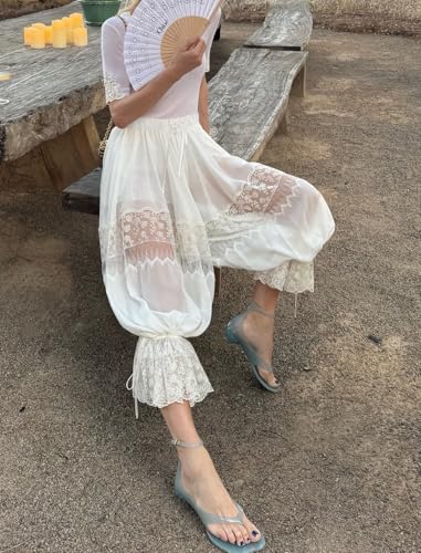 Image of UAURORAO Women Lace Trim Bloomer Pants Flowy Culottes Pantaloons Bloomers