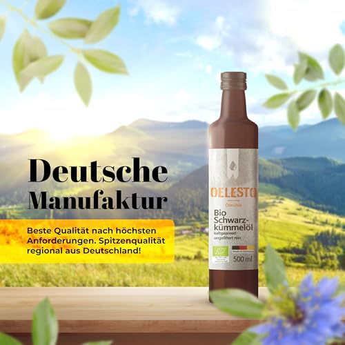 OELESTO® BIO Schwarzkümmelöl kaltgepresst ungefiltert - 500ml - [4600mg/kg THYMOCHINONGEHALT] - Black Seed Oil Organic - Kümmelöl Vitalöl - ägyptisches Schwarzkümmel Öl - naturbelassen - mühlenfrisch