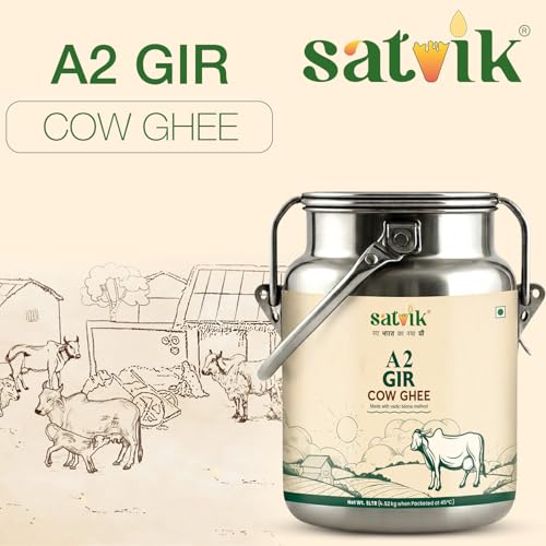 Image of Satvik A2 Gir Cow Ghee 5 Litre with (Stainless Steel Dolchi) | Churned from Vedic Bilona Method Pure A2 Cow Desi Ghee | Rich in A2 Beta Casein Protein & Vitamin A, D, E, K | Helps Improve Digestion