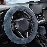 SEG Direct Furry Car Steering Wheel Cover with Fluffy Gear Shift Cover Soft Warm Non-Slip Car Decoration for Men Women Girls 2 PCS Set, Blue Gray
