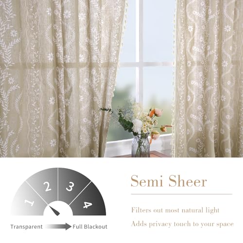 Image of Schweek Tan Beige 63 Inches Long Boho Tassels Curtains 2 Panels for Bedroom